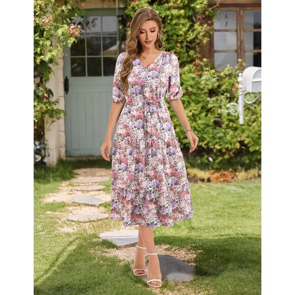 Women Boho Floral Maxi Dress Summer Beach Casual V-Neck Short Sleeve - Picture 3 of 7
